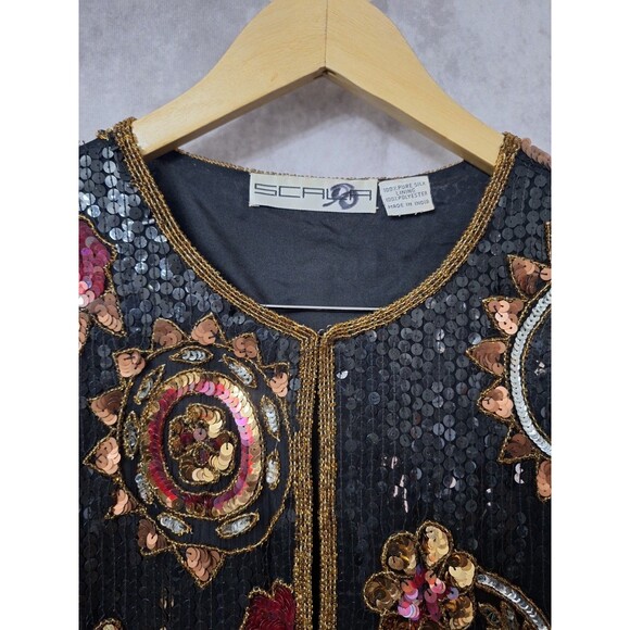 Vintage Scala Pure Silk Sequin Cardigan Sz L/XL Holiday Party Event Christmas - Picture 4 of 11